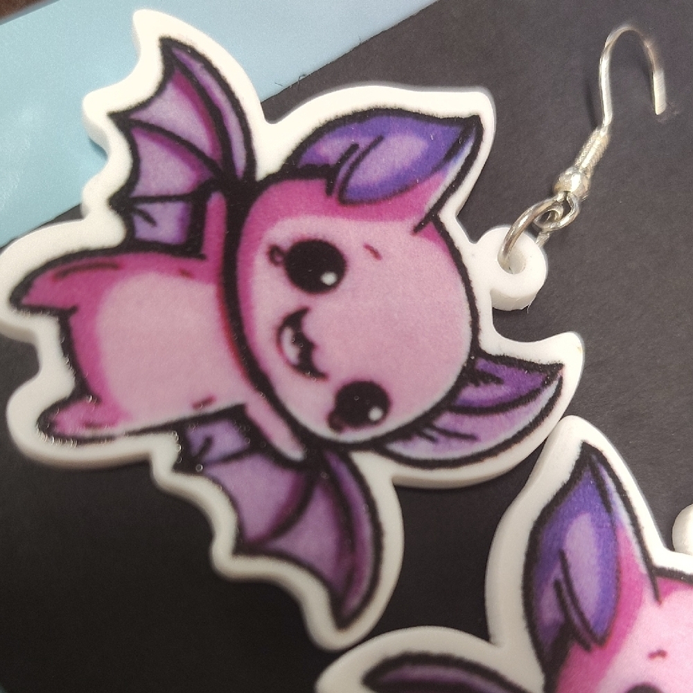 Cute Pink and Purple Bat Earrings for Kids - Picture 3 of 4